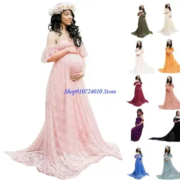 77HD Stretchy Acrylic Lace Maternity Long Dress Suitable for Various Occasion From Early to Late Pregnancy Feature Train