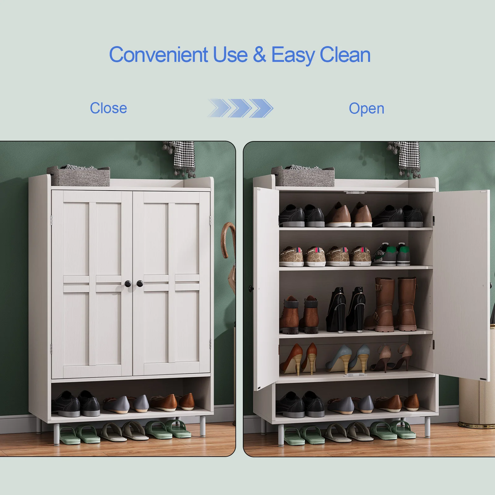 45'' Shoe Cabinet Storage for Entryway, 6-Tier Farmhouse Shoe Storage Cabinet with Cross Molding Doors and 3 Adjustable Shelves 6