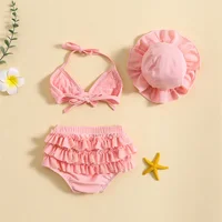 Fashion Summer Newborn Baby Girls Swimwear Bikini Set Cute Bowknot Hanging Neck Tops + Layered Ruffle Shorts + Hat Beachwear 4