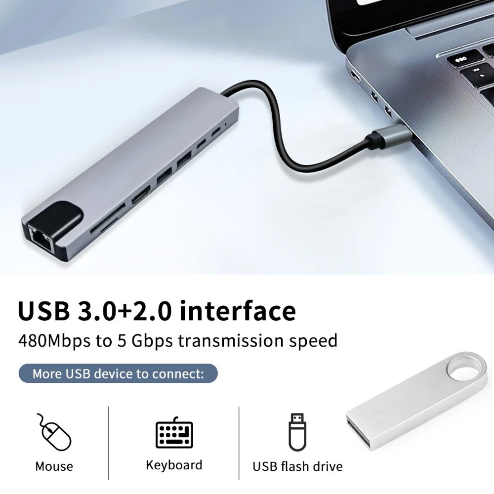 USB C Hub 8-in-1 PD 100W Docking Station with Multiport 4K Output