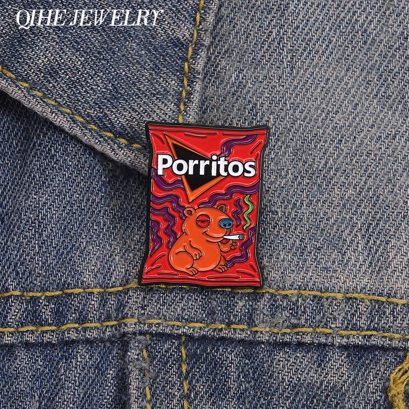 Porritos Potato Chips Snack Brooch Enamel Pins Cartoon Groundhog Smoking Psychedelic Art Waves Brooches Lapel Badge Jewelry Gift