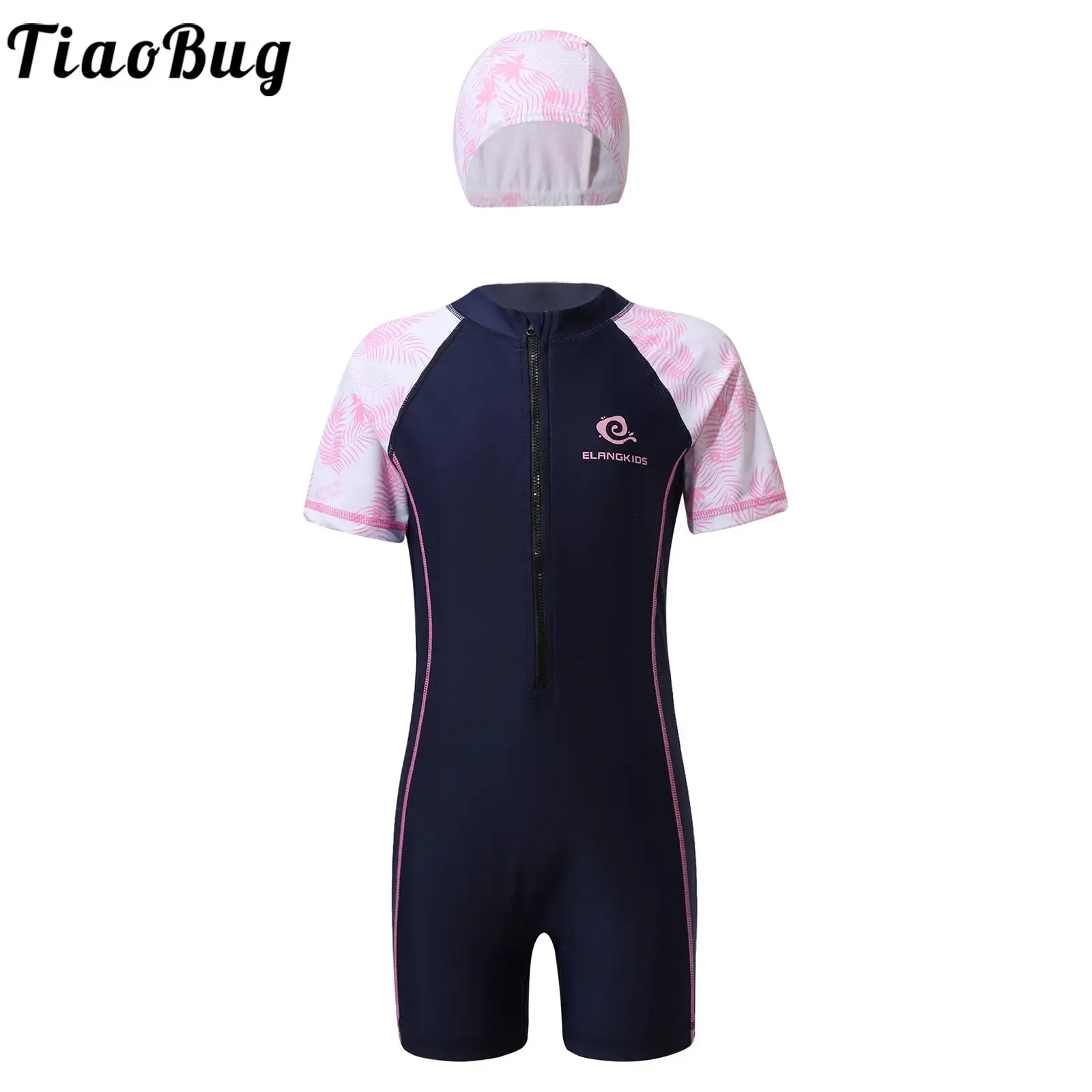 Kids Girls One-piece Swimsuit Rash Guard Short Sleeve Jumpsuit Athletic Swimwear with Hat Surfing Bathing Training Beachwear 1