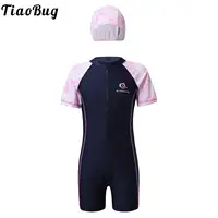 Kids Girls One-piece Swimsuit Rash Guard Short Sleeve Jumpsuit Athletic Swimwear with Hat Surfing Bathing Training Beachwear 1