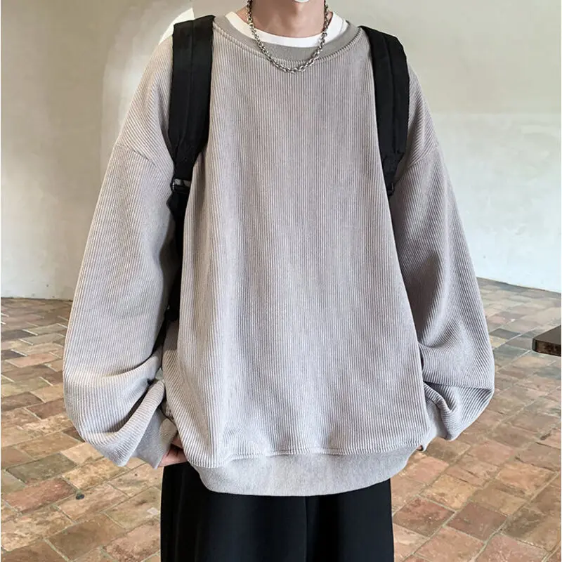 

Quality Corduroy Sweatshirts Baggy Oversized Men Crew Neck Fashion Tops Solid Color Male Pullovers Harajuku Streetwear Tops