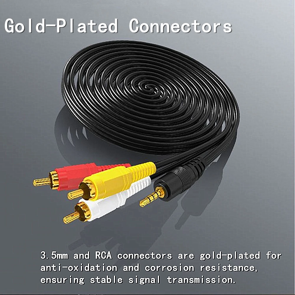 Gold-Plated 3.5mm to 3 RCA AV Cable for Audio Video Connection, Multiple Lengths Available