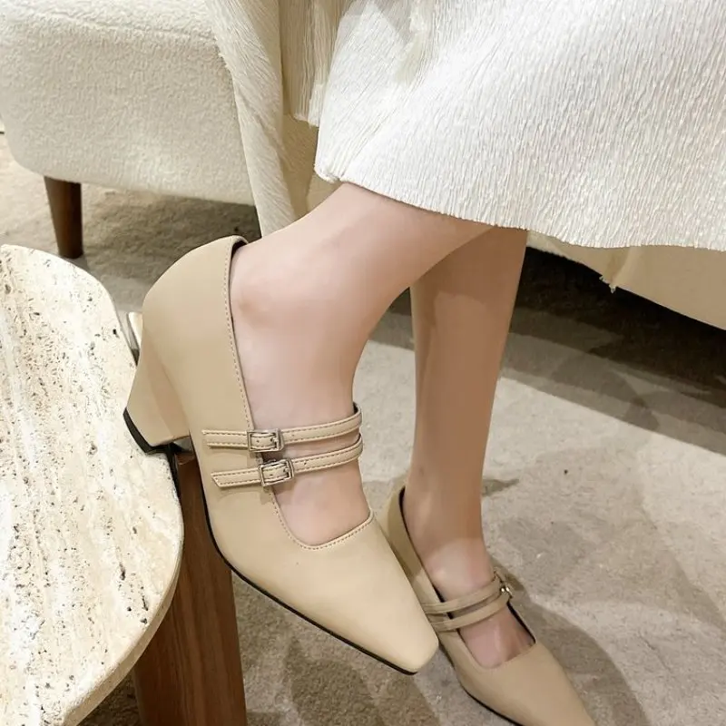 2024 New Arrivals Women Pumps Shallow Slip On Thick High Heels khaki black Belt Buckle Office Pumps Shoes 35-40 English Style