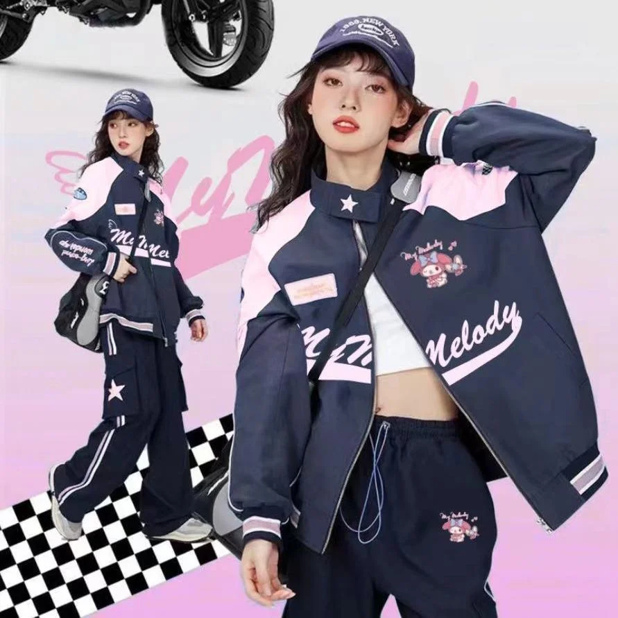 

Sanrio Melody Oversize Bomber Jackets Anime Cinnamoroll Y2k Kawaii Casual Zipper Blazers Fashion Loose Biker Racer Jacket Coat