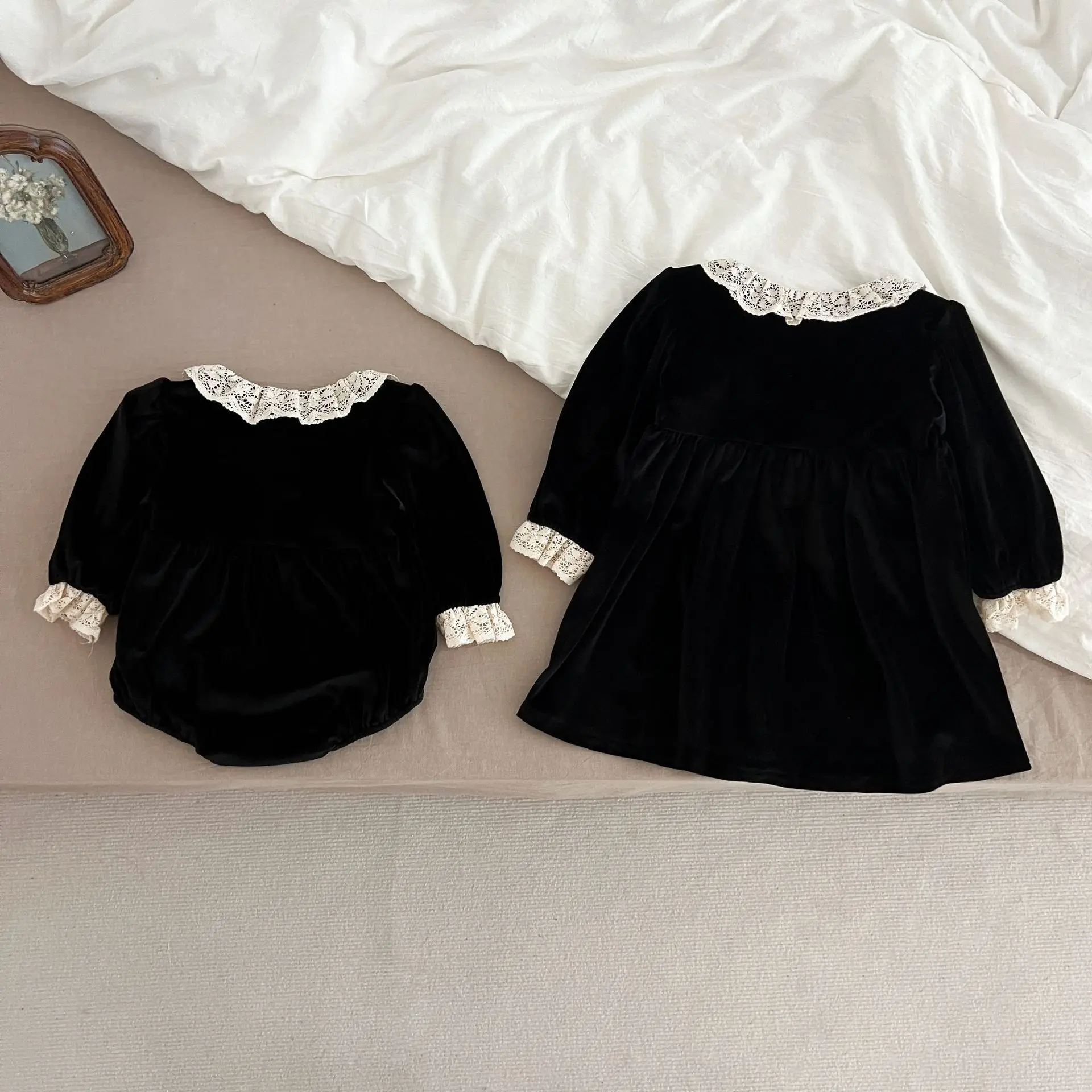 Kind Mädchen Zwei Stil Kleid Elegante Burgund Samt Outfits Spitze Peter Pan Kragen Spitze Getrimmt Manschetten Kinder Rock Baby Strampler – Detail 32