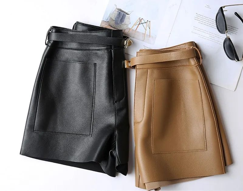 Womens Summer New Sheepskin Genuine Leather Shorts Big Pocket Casual Fashion Sashes Solid Concise A-Line Wide Leg Shorts short pants