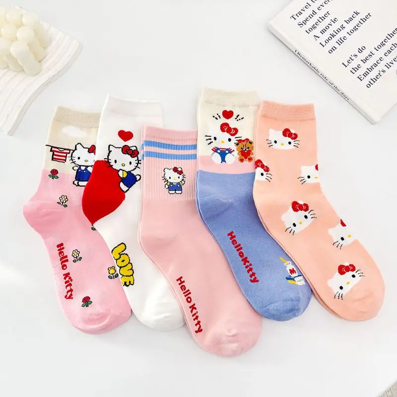 

5pcs new Sanrio anime Hello Kitty Japanese cartoon socks for women cute cotton mid-calf socks casual stockings birthday gift