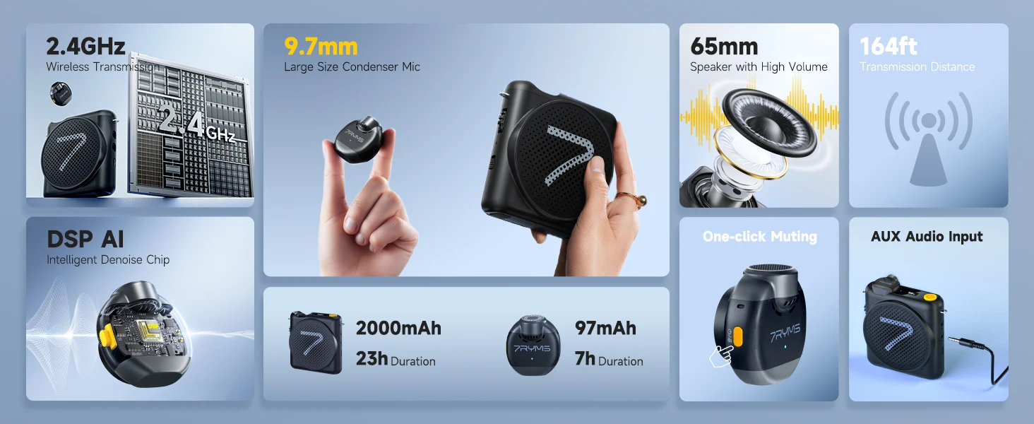7RYMS WA2 Voice Amplifier with Wireless Lavalier Microphone description image 2