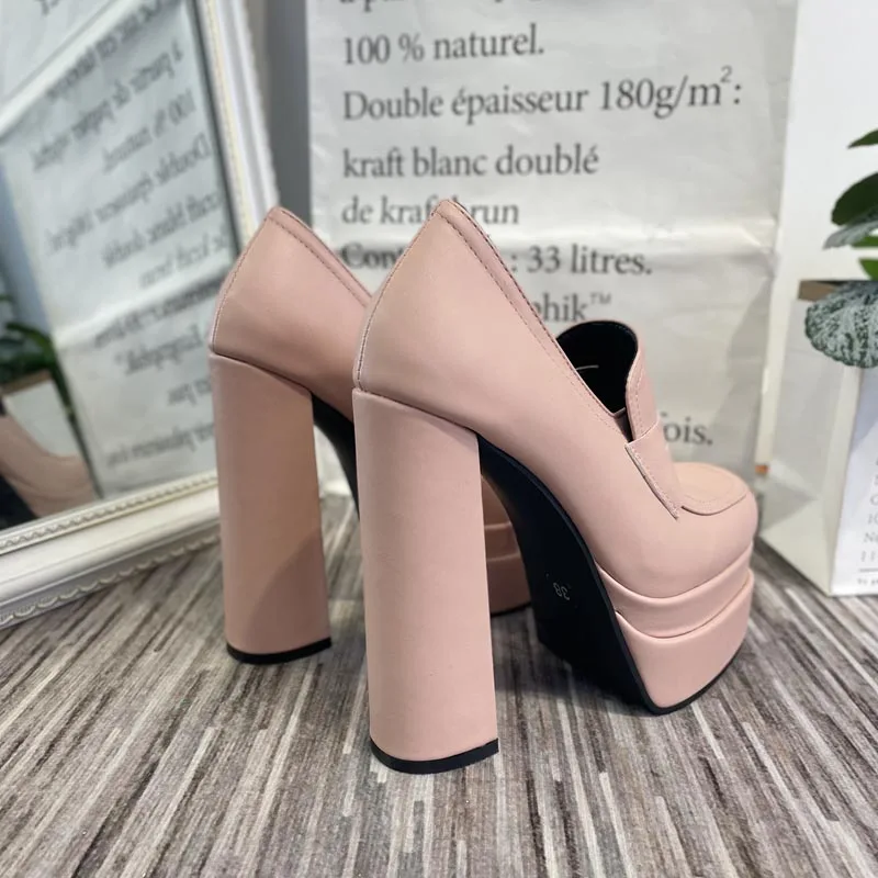 High Heel Platform Pumps For Women 2022 New Spring Solid Color PU Leather Square Toe Oversize Female Shoes With Rivet Decoration