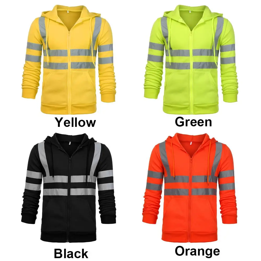 M-4XL Zip Hooded Fleece Sweatshirt Hi Viz Vis Reflective Pullover Hoodie High Visibility Jacket