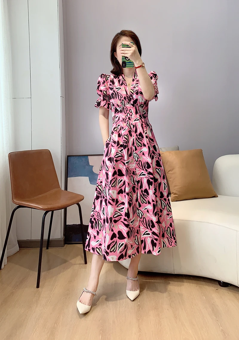 

New Pink Sweethear Printed Puff Sleeves Cotton Midi Dress US 2- 10