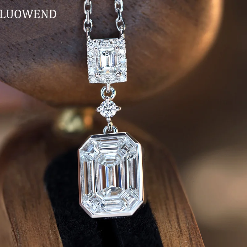 LUOWEND 18K White Gold Necklace Luxury Real Natural Diamond Fashion Emerald Cut Shape Exquisite Jewelry for Women Birthday Gift