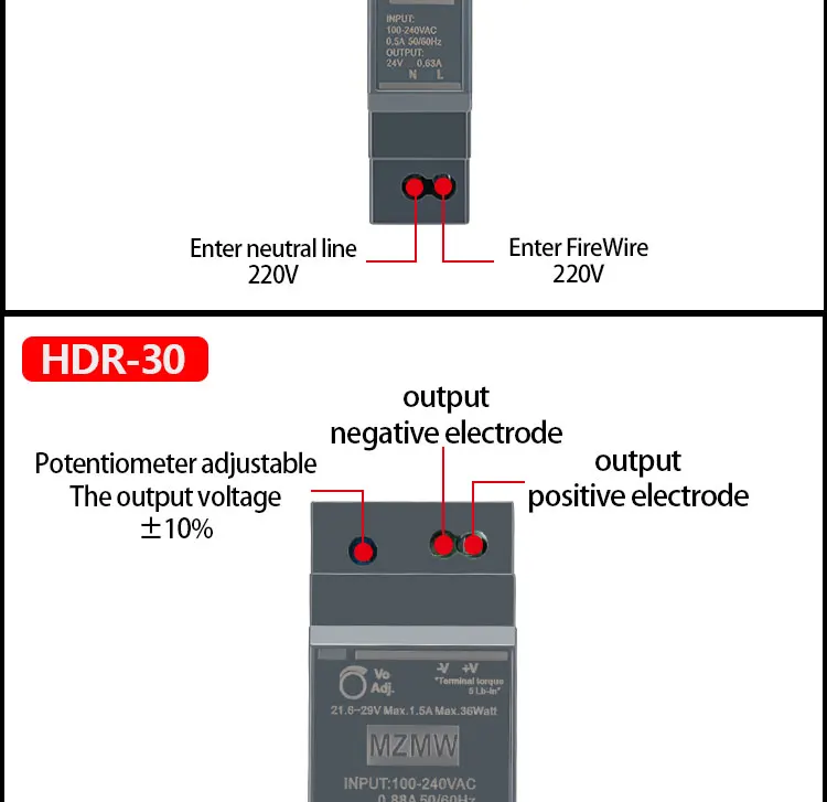 Description Picture 6 of itemHDR Series DIN Rail Switching Power Supply 15W 30W 60W 100W 150W 110V 220V AC/DC 12V 24V Industrial Ultra-thin SMPS Transformer