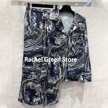 

Luxury Design 2022 spring branded High End 1:1 Oil Painting print Long Sleeve Shirt with wide Pants Two Piece Outfits for Women