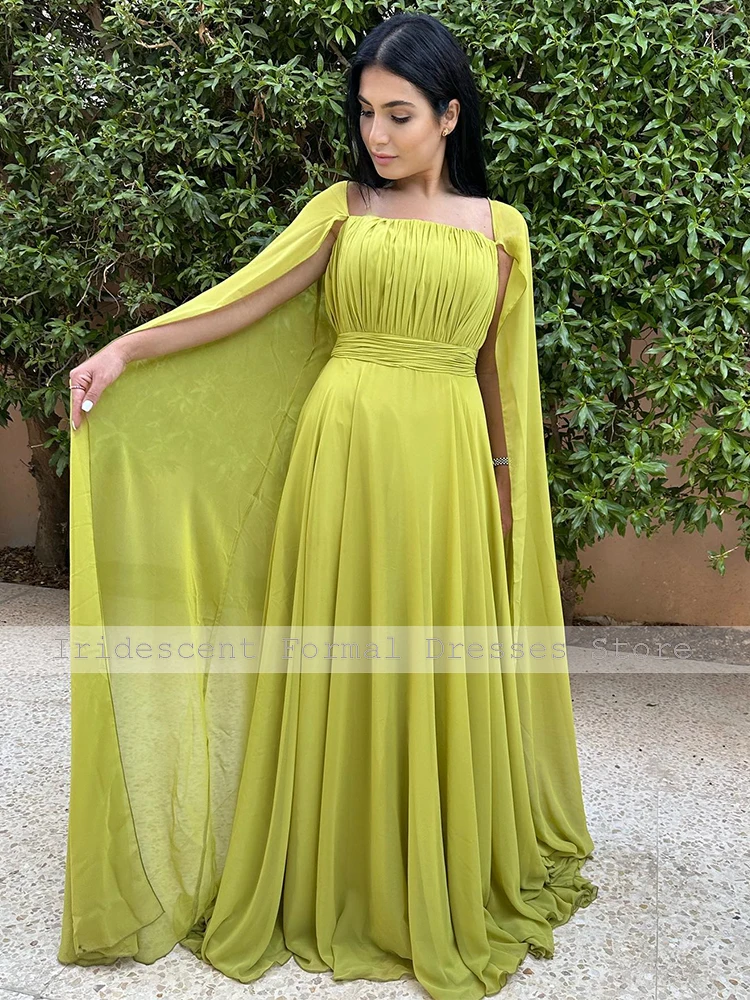 Elegant Prom Dress For Woman Cloak Sleeves Pleat Chiffon Green Prom Gown A  Line | eBay