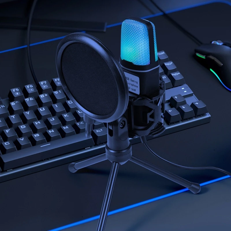 감도 USB 마이크 PC용 스탠드 클립이 있는 유선 콘덴서 마이크 RGB 라이트 콘덴서 마이크 ≤2.2KΩ 임피던스