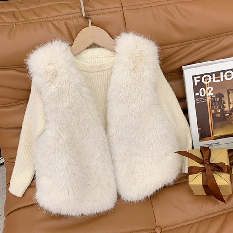 

Kids Clothes Girls Faux Fur Vests Autumn Winter Rabbit Fur Beige Coat for Babies Fashion Solid Young Children's Clothing 1-8Y