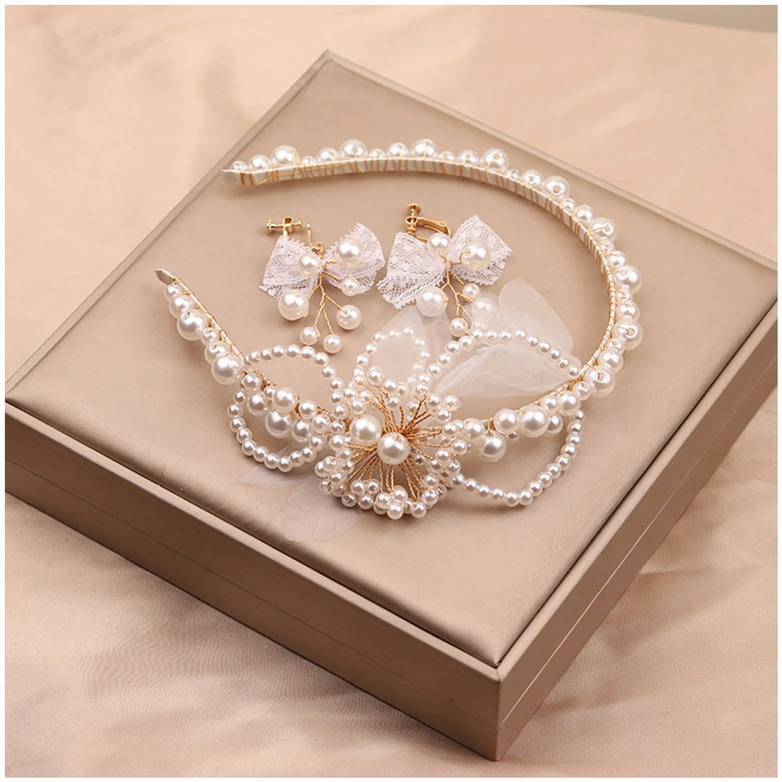 

Bridal Headdress Earrings Set Luxurious Pearls Clip-on Dangling Earrings Hairband for Wedding Masquerades Show