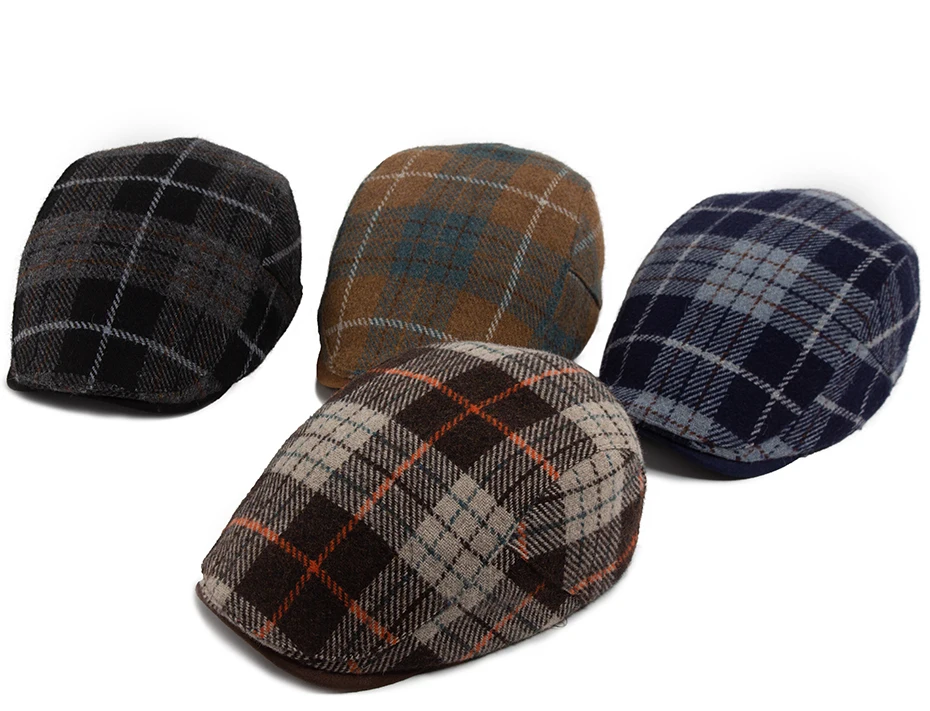 Winter Wolle Farbe Grid Baskenmütze Männer Vintage-Mode Hut Newsboy Herbst Warme Flache Kappe Für Frauen Retro Mann Weibliche Berets Einstellbar – Detail 1