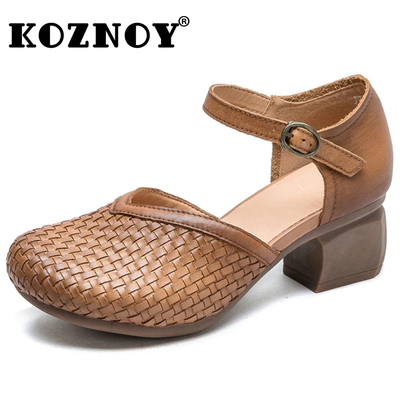 

Koznoy 5.5cm Women Shoes Print Weave Retro Cow Genuine Leather Summer Buckle Fashion Mixed Color Ladies Chunky Heels Shallow