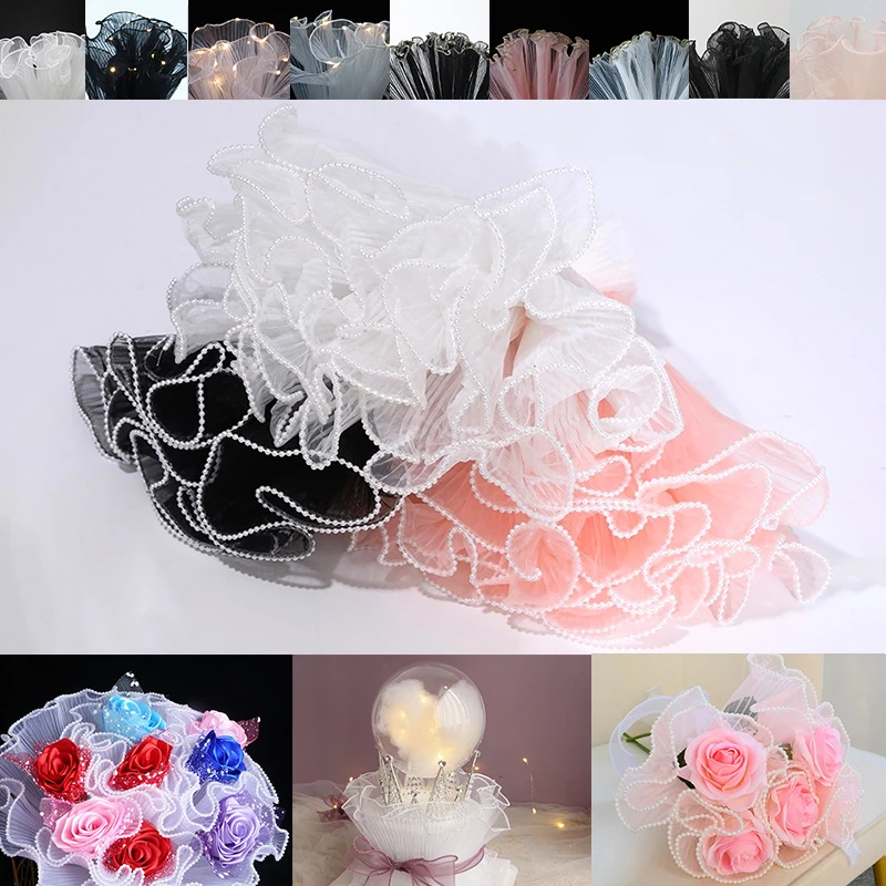 꽃 포장지 진주 웨이브 원사 부케 포장 안감 원사 메쉬 꽃, DIY 부케 선물 포장 용품, 28cm x 4m