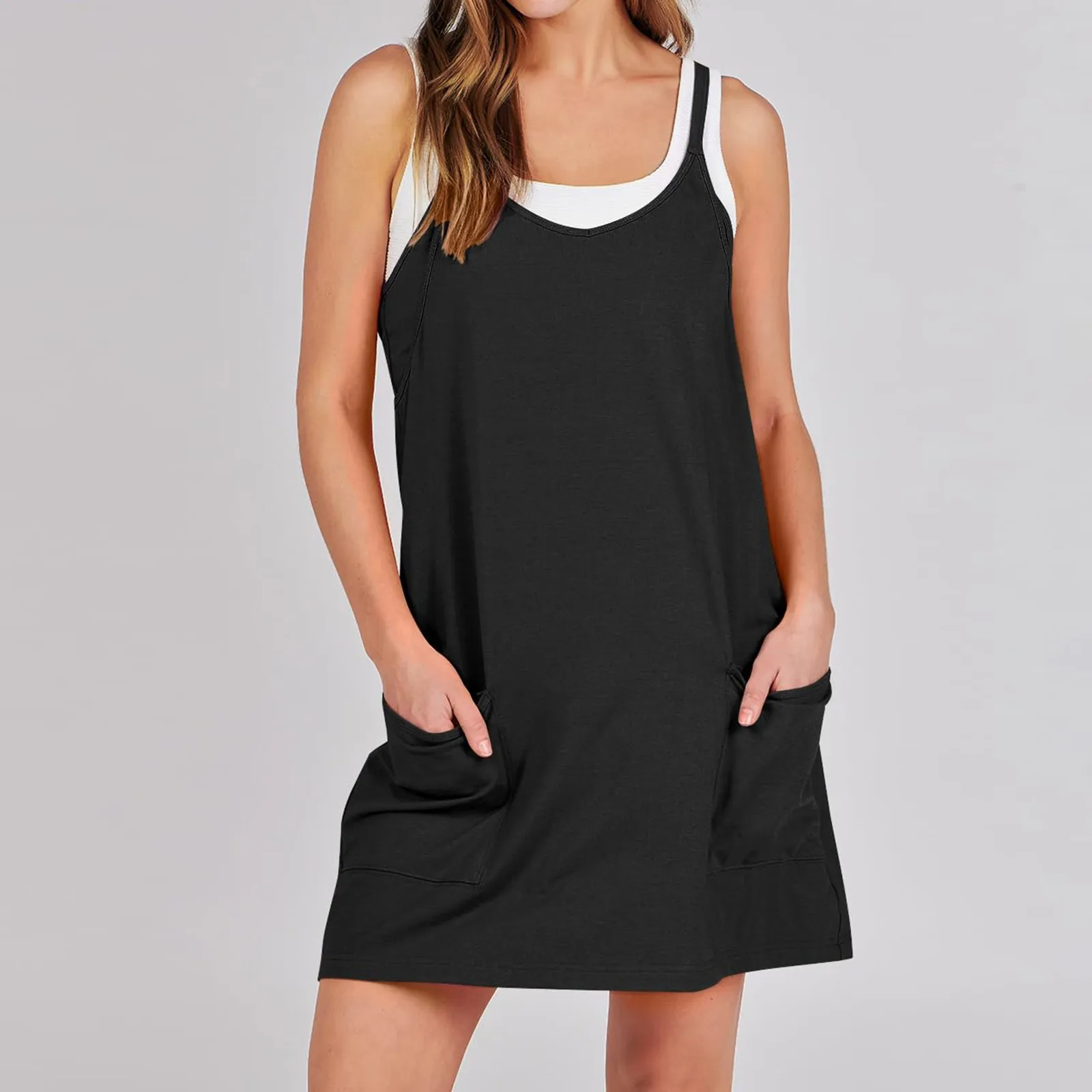 

Women Summer Sleeveless Mini Dress Casual Short Workout Tennis Athletic Onesie With Pockets Crew Neck Backless Tank Dress Beach