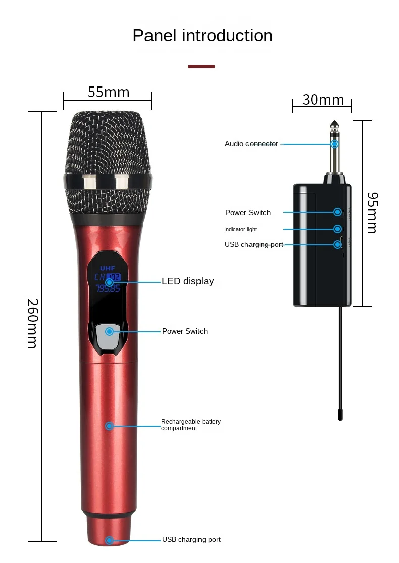 Diheohg Microphone Sans Professionnel UHF Enregistrement Karaoké Portable 1 Canal Batterie Au Lithium Pour ScèNe éGlise FêTe éCole