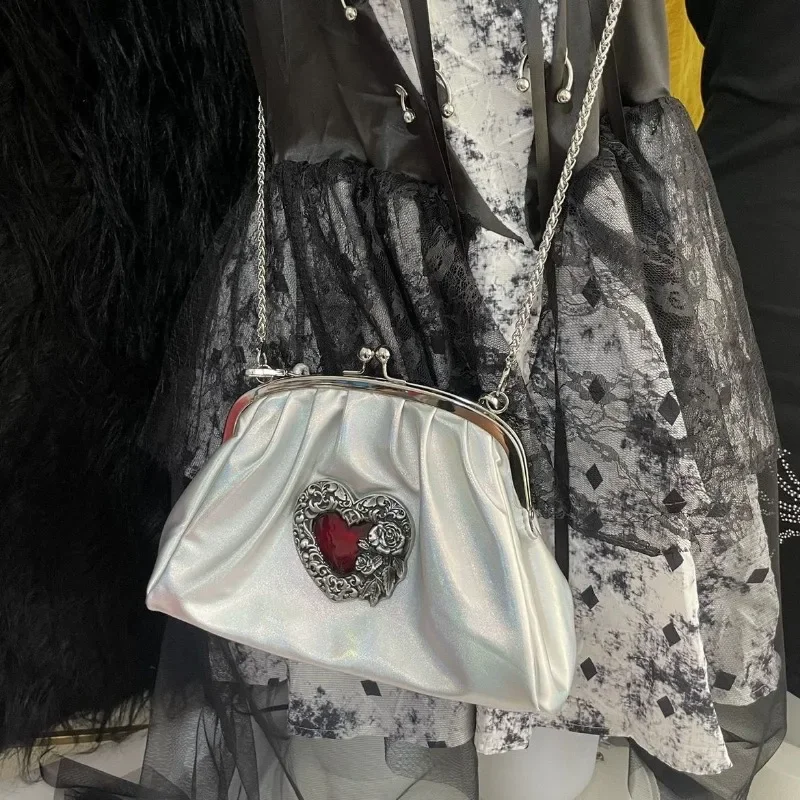 MBTI Vintage Y2k Womens Handbag Silver Gothic Fashion Chains Casual Shoulder Bag Pu Leather Pleated Original Female Shell Bag