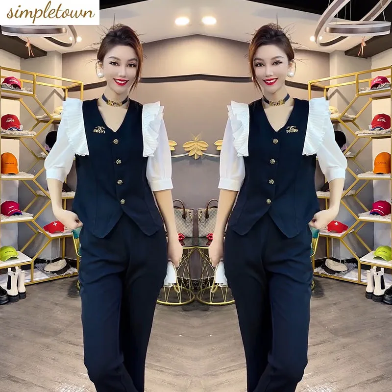 Korean Personalized Royal Sister Style Two Piece Set Fashion V-neck Panel Wooden Ear Edge Middle Sleeve Slim Top Casual Pants engraved personalized logo small body cream cosmetics bamboo spatula disposable sugar scrub wooden ice cream pudding fav sticks