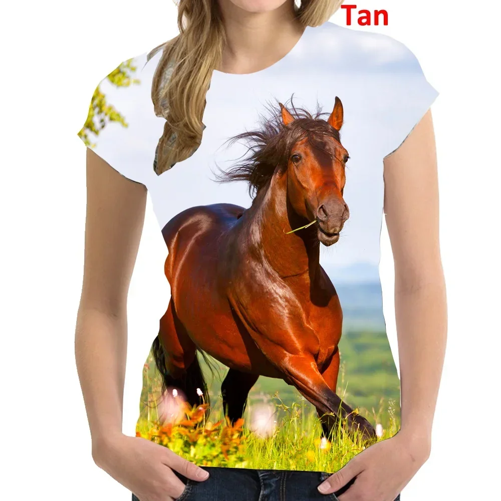 

2023 Fashion Women Clothing Horse Printed Casual T-shirt Short Sleeve Tops Summer T-shirt Ladies Round Neck Blouse Tops