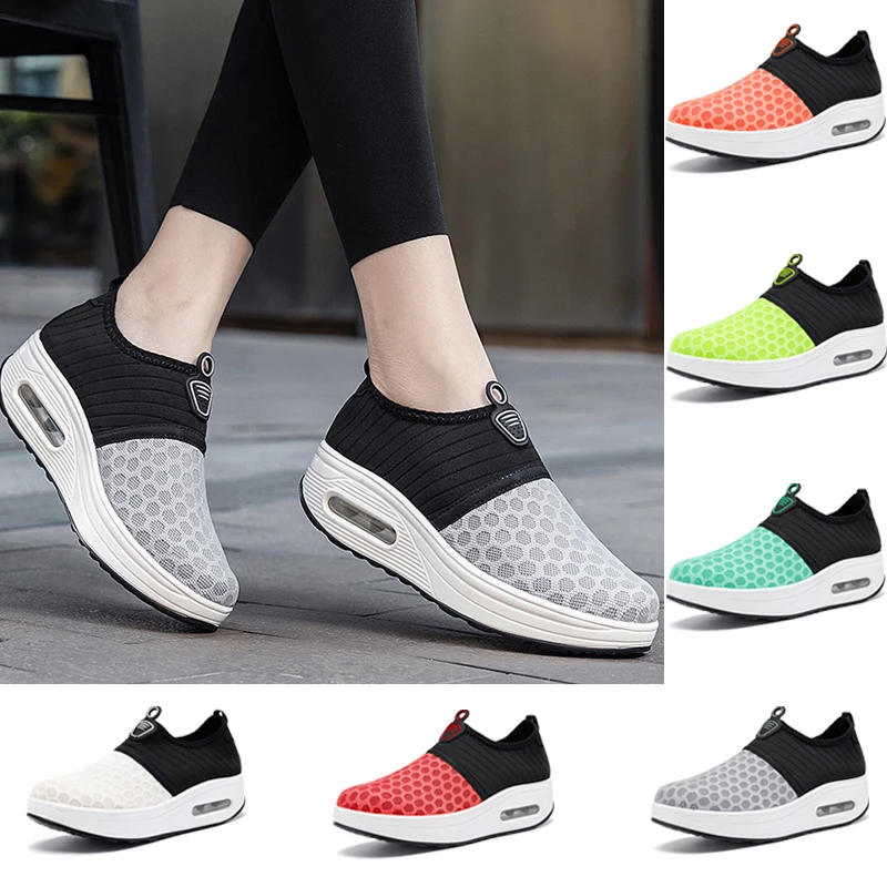 Women Toning Shoes Breathable Height Increase Sports Fitness Sneakers Air Cushion Female Walking Sock Shoes Thick Bottom