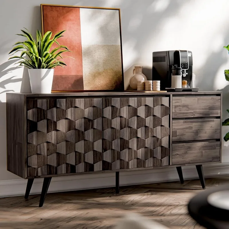 Rattan Pre-Assembled Buffet Sideboard with 3 Drawers & 2 Doors, 58" Accent Console Table Living Room, Kitchen, Dining