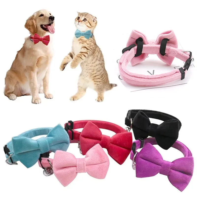 Pet Bowknot Collars Solid Color Adjustable Collars With Bell Cute Cat Collars Kitten Puppy Supplies Tool Pets Accessories