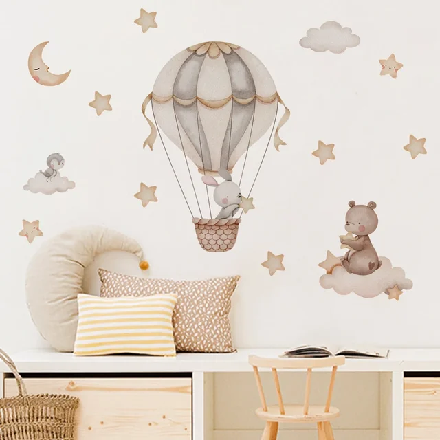 Cartoon Hot Air Balloon Animals Bear Rabbits Wall Stickers for Child Room Boy Room Decoration Nursery Baby Room Decoration Decal