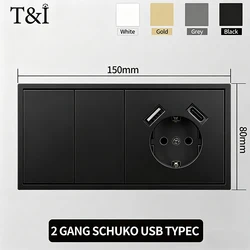 EU Power Socket with Built - in USB - C Fast Charging and Light Switch - Flush Mount Black Plate - 2Gang USB TypeC (Black)