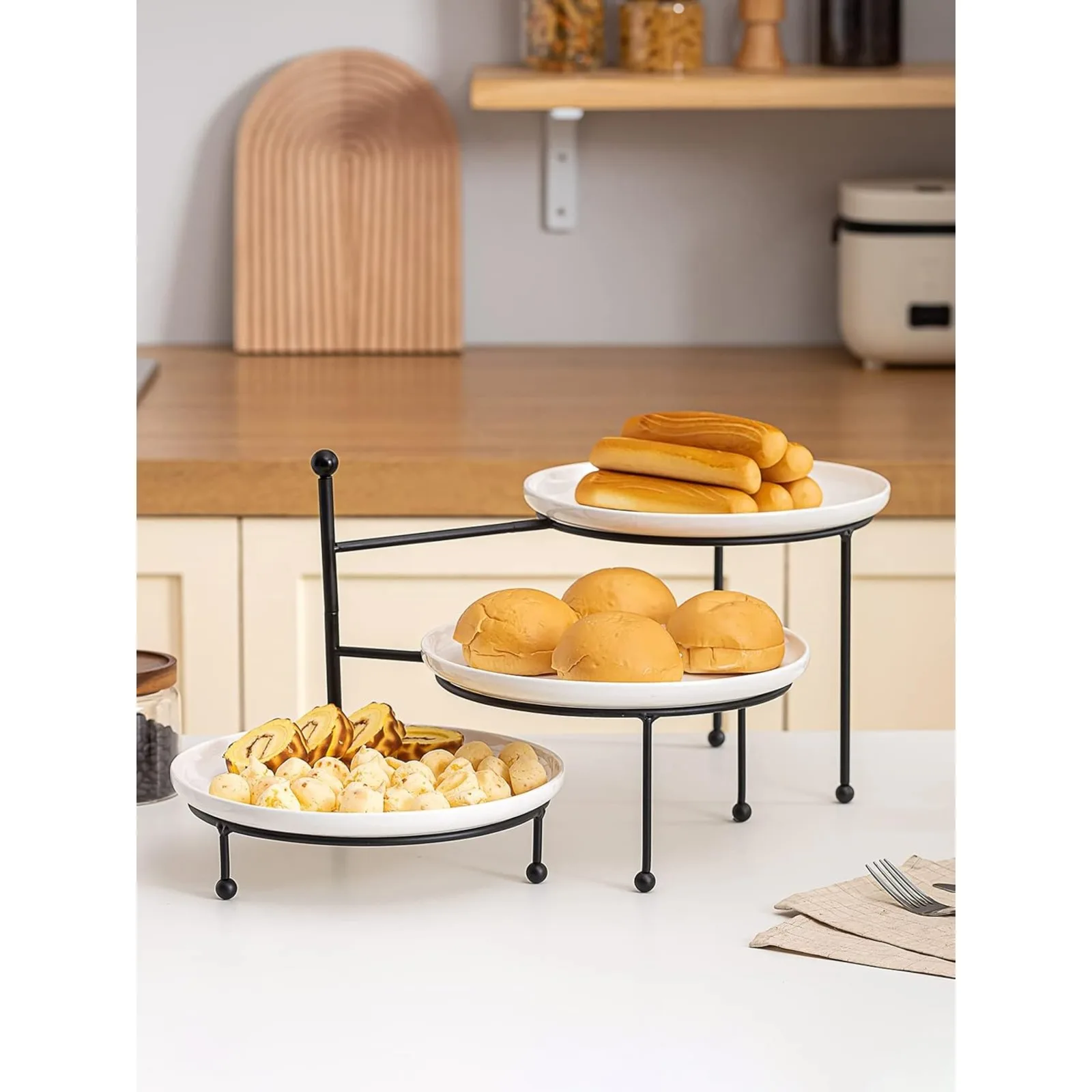 US 3 Tiered Serving Stand with White Porcelain Plates, Tiered Tray Stand, 10" x 10" Tier Serving Trays with Black Metal