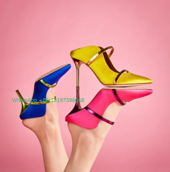 

Lady stain color bright Muller high heels sexy pointed toe slingback high heels party causal pumps gold design high heels size