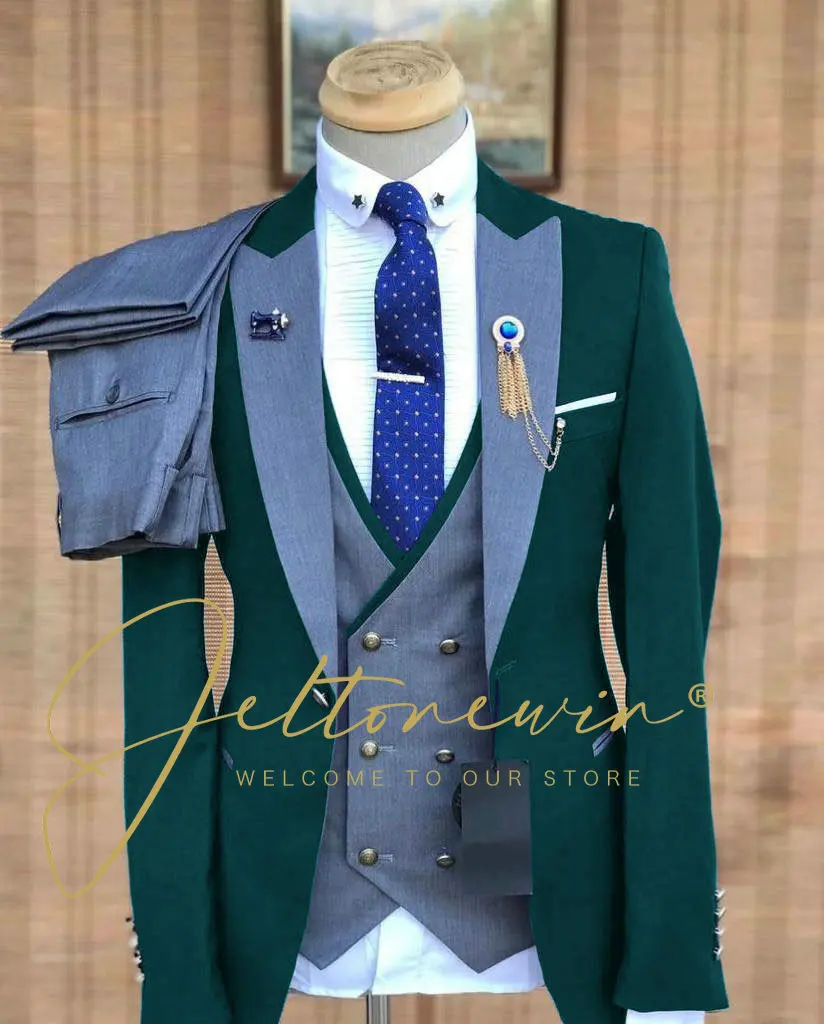 Oil Green Jacket Slim Fit Light Grey Vest Pant Mens Suits 2023 Wedding