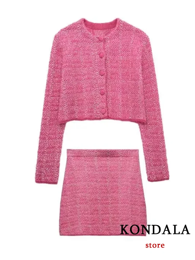 

KONDALA Vintage Solid Pink Sweet Sexy Women Suits Long Sleeve Women Knitted Sweater Mini Sheath Skirt Fashion 2022 Party Suits