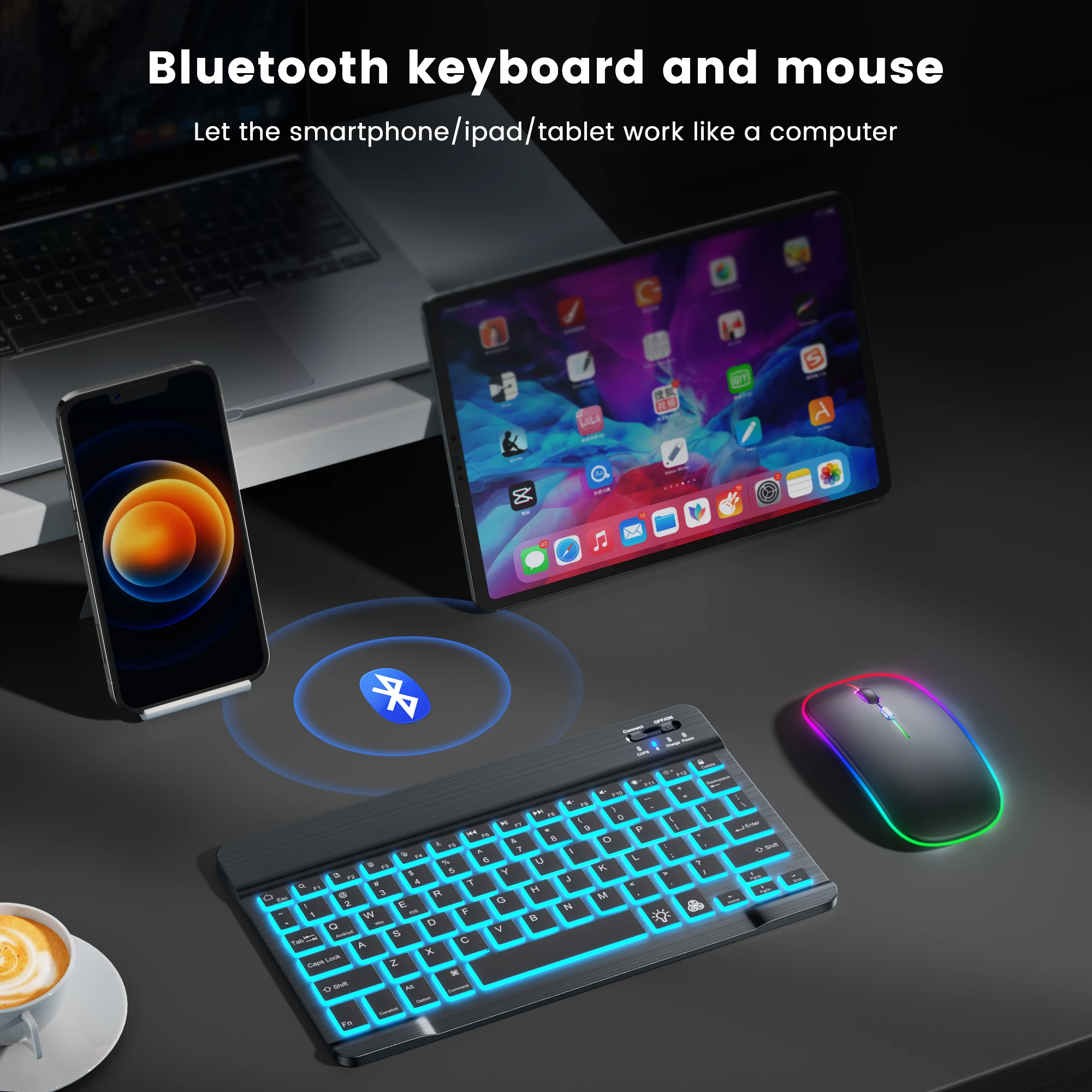 Bluetooth Wireless Keyboard and Mouse Mini Spanish Keyboard with Ñ Rechargeable Rgb Backlit Keyboard Kit for Table Ipad Pro Mac