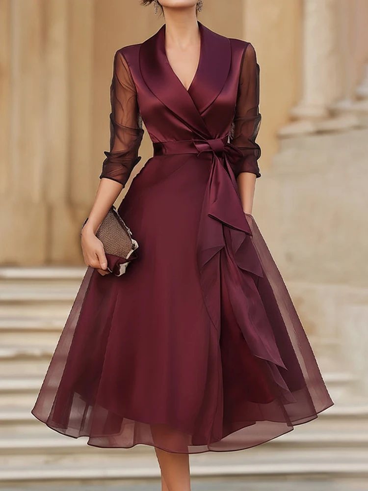 Spring Summer Mesh Patchwork Simple Maxi Dress Women V Neck Three Quarter Sleeve Chic Lace-Up Holiday Streetwear Dress Vestidos