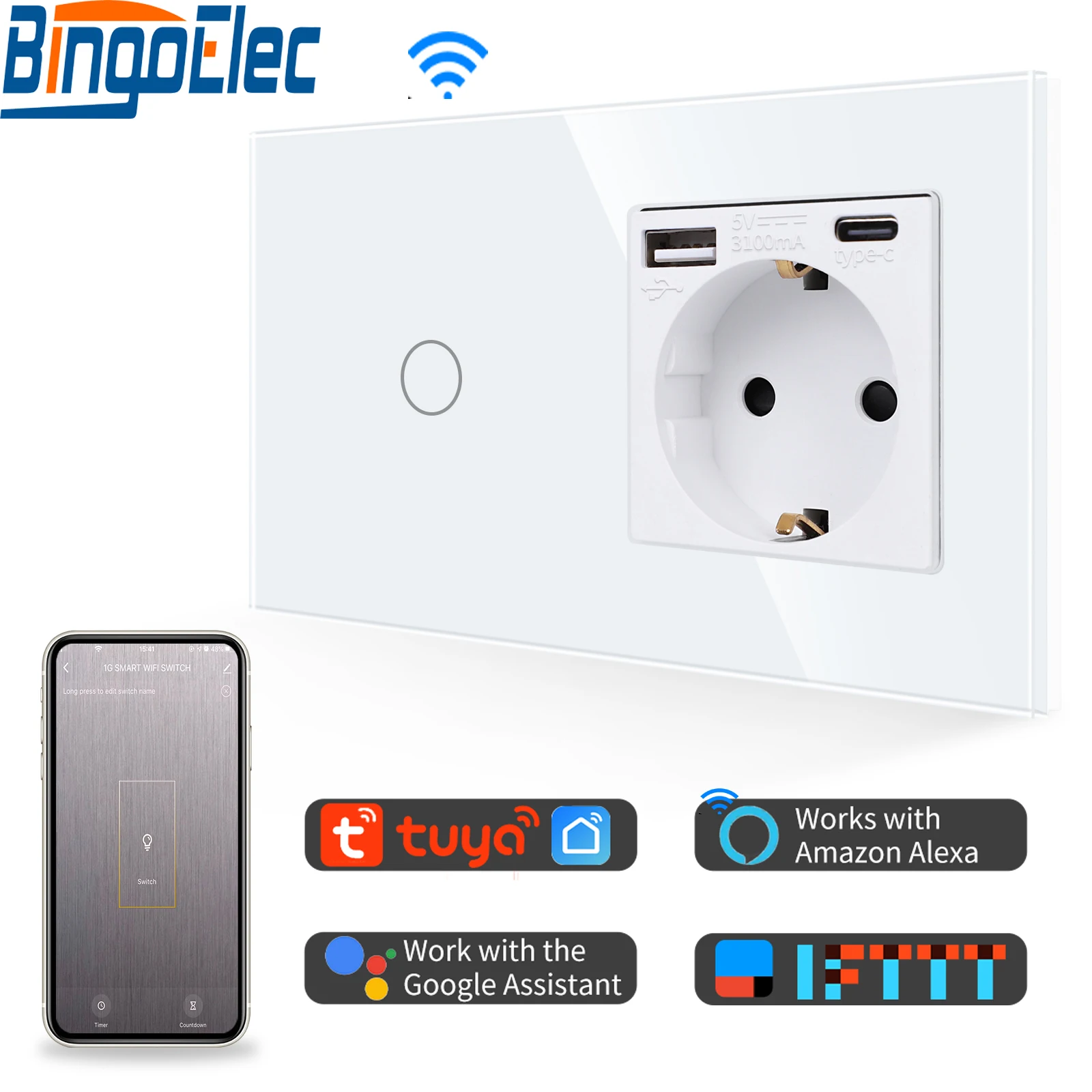 Interruptor de Pared con WiFi de 1 Toma Compatible con Alexa y