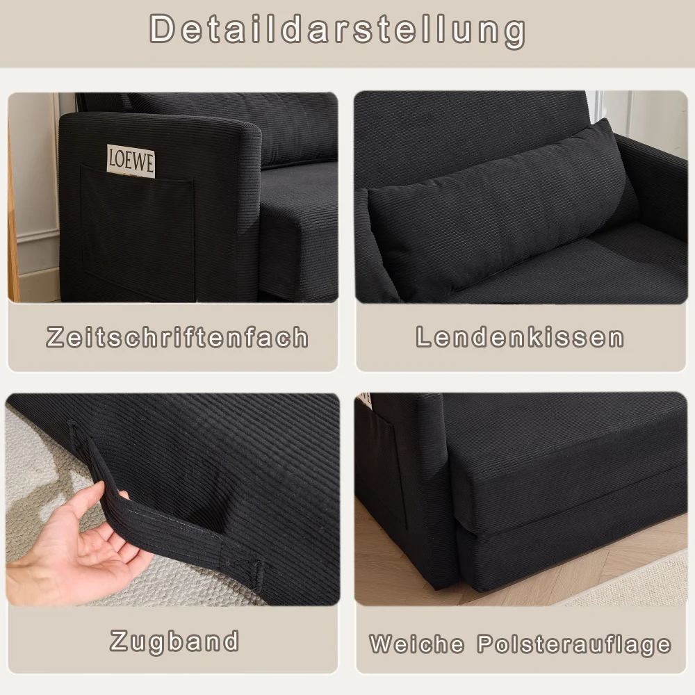 2-in-1 Konvertierbares Klappsofa-Bett aus Cord, 2-Sitzer Lounge-Couch mit Lendenkissen & Zeitschriften-Aufbewahrungstaschen, Beige – Detail 31