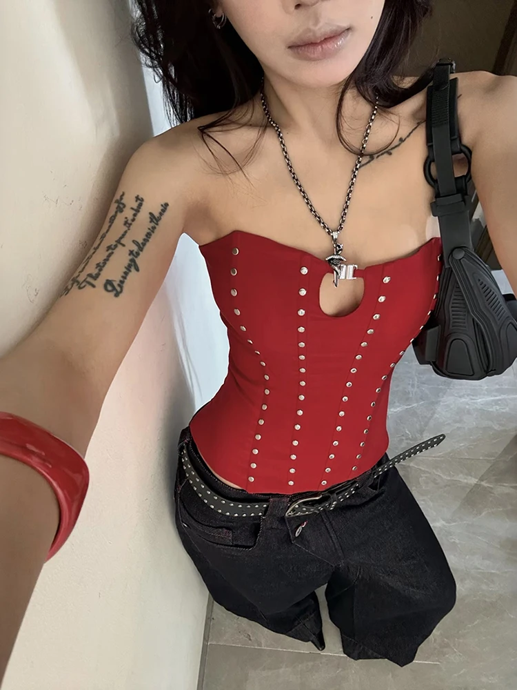Nibber Party Coquette Tank Top Women Hollow Rivet Classic Trend Sleeveless Stretch Skinny Midnight Sexy Christmas Club Vests