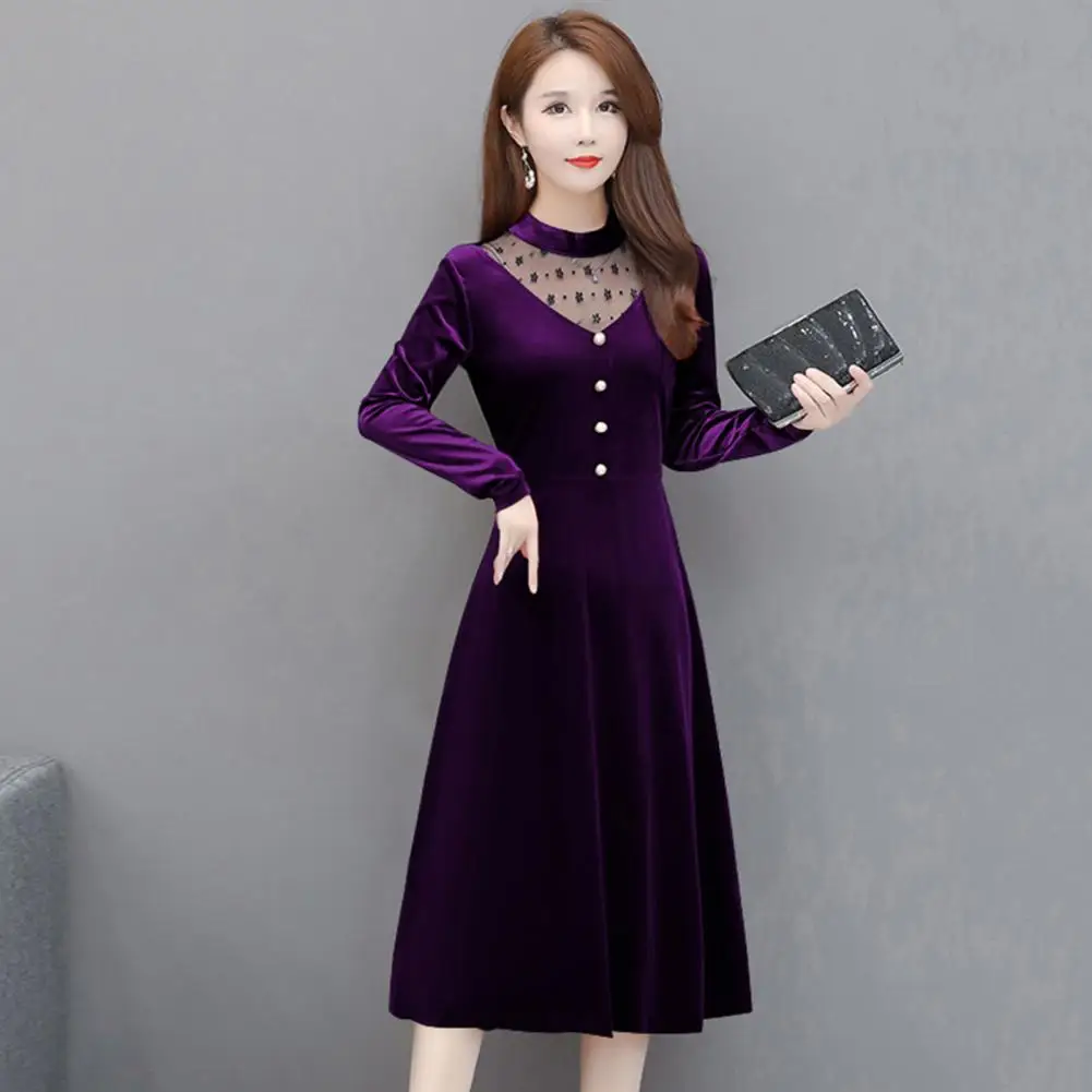 

Velvet Dress Elegant Velvet A-line Dress Office Lady's Chic Mesh Yarn Stitching Midi with Hollow Out Details Button Decor A-line