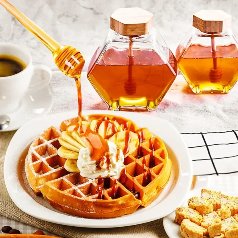 100ml 220ml 380ml Honey Jar with Lid and Spoon Hexagonal Glass Bottle Wooden Stirring Rod Jam Container Kitchen Home Storage