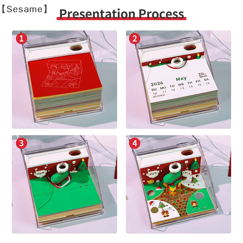2026년 LED 조명 3D 티어어웨이 캘린더 종이 조각 아트 메모 패드 메모장 선물 크리스마스 타임피스 캘린더